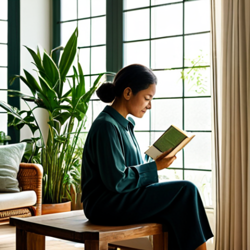 Home 4 A professional woman in modest, smart casual attire, peacefully reading a book in a sunlit biophilic living room. The room features abundant large potted plants, delicate hanging plants, and a variety of indoor herbs. Natural materials like a sturdy wooden table, a comfortable rattan armchair, and soft linen curtains are prominent. Sunlight streams through large windows, illuminating the space, and a small, elegantly designed indoor water feature subtly adds to the serene ambiance. The focus is on natural textures and a calm atmosphere. Perfect anatomy, correct proportions, natural pose, well-formed hands, proper finger count, natural body proportions, high-resolution, professional photography, soft natural lighting, fully clothed, appropriate attire, modest clothing, safe for work, appropriate content, family-friendly.