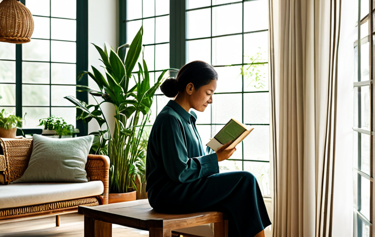 A professional woman in modest, smart casual attire, peacefully reading a book in a sunlit biophilic living room. The room features abundant large potted plants, delicate hanging plants, and a variety of indoor herbs. Natural materials like a sturdy wooden table, a comfortable rattan armchair, and soft linen curtains are prominent. Sunlight streams through large windows, illuminating the space, and a small, elegantly designed indoor water feature subtly adds to the serene ambiance. The focus is on natural textures and a calm atmosphere. Perfect anatomy, correct proportions, natural pose, well-formed hands, proper finger count, natural body proportions, high-resolution, professional photography, soft natural lighting, fully clothed, appropriate attire, modest clothing, safe for work, appropriate content, family-friendly.